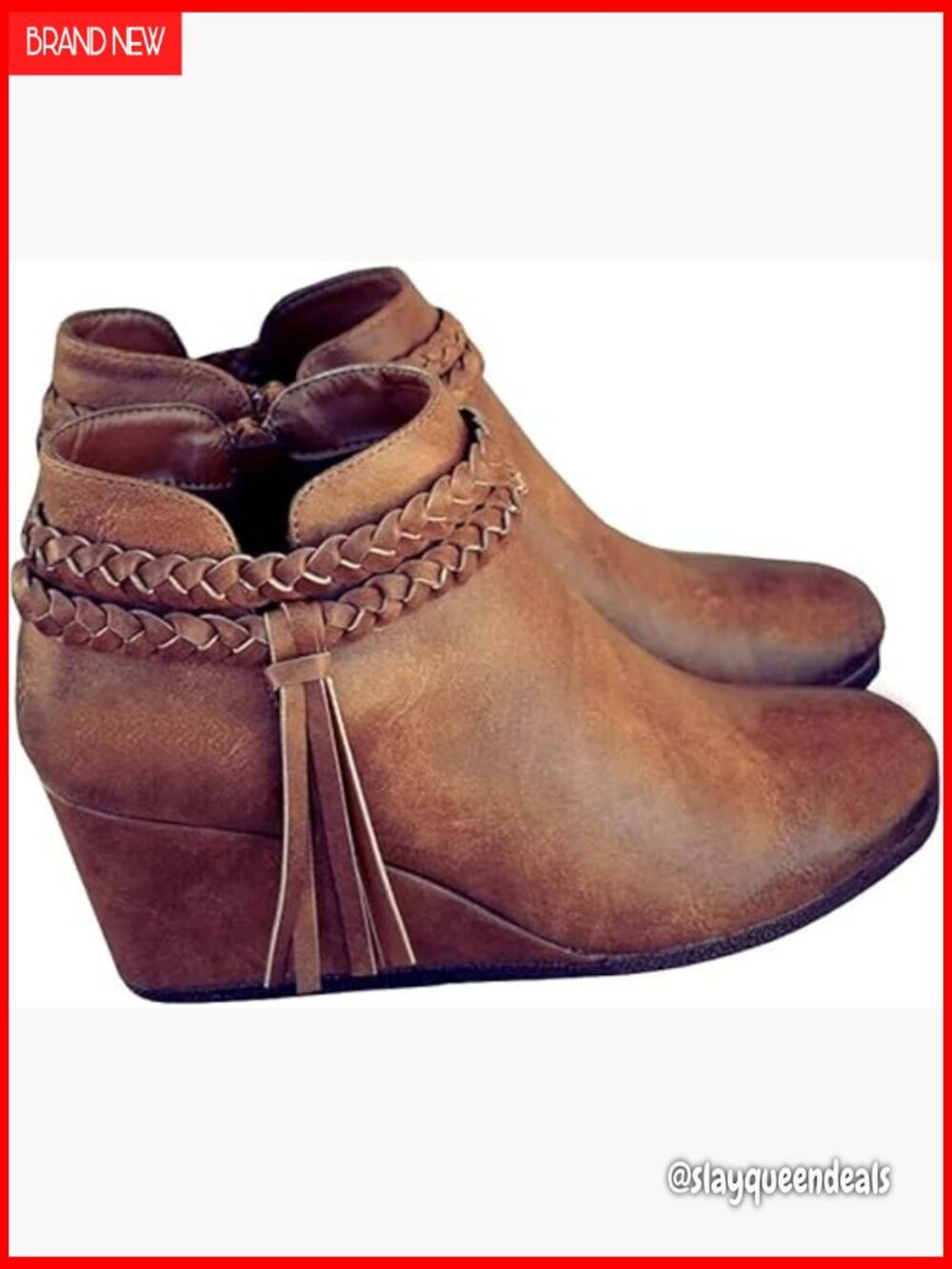 Women's Wedge Ankle Boots Braided Fringe Strap Western Heeled Booties